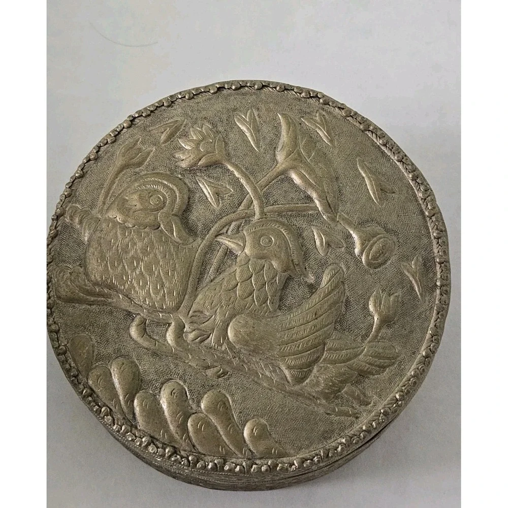 Vintage Persian Repousse Round Box Lid & Mirror Raised Bird Motif Silver Tone